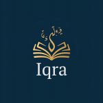 Logo 'Iqra' con libro e lettere arabe fluttuanti
